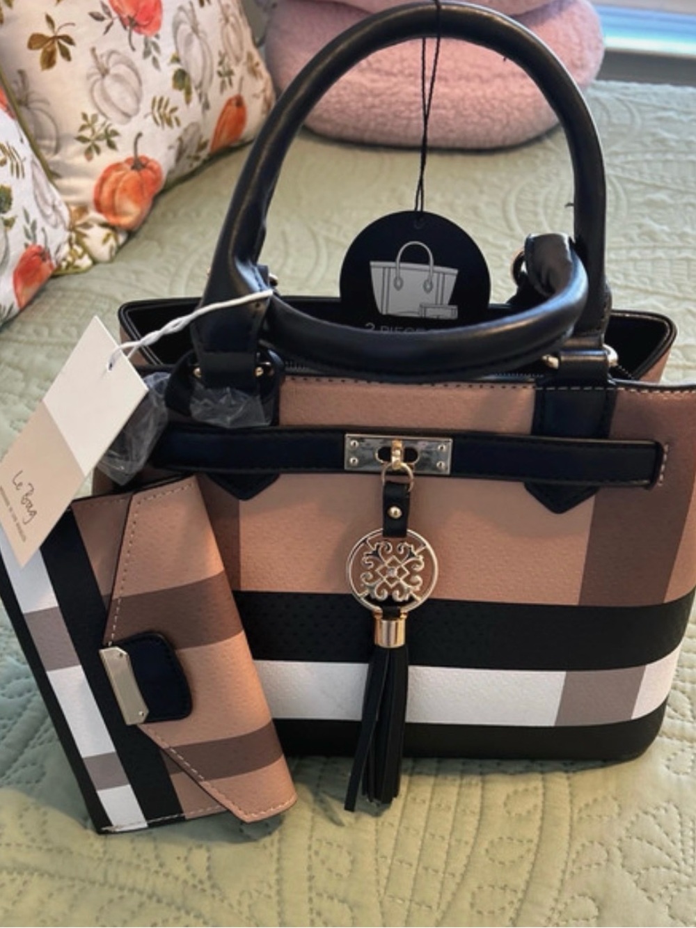Striped Satchel Tote with Tassel Charm - Pink Brown Black
